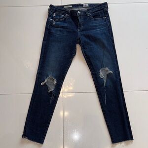 AG Adriano Goldschmied Dark Blue Distressed Cropped Jeans